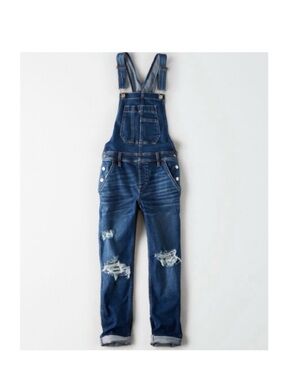 American Eagle Outfitters Stretch Tomgirl Distressed Blue Denim Overalls